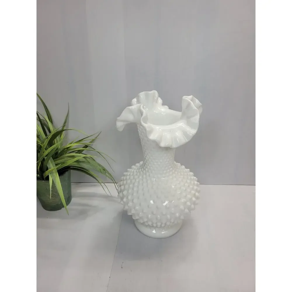 Vintage Fenton Hobnail White Milk Glass Large Double Crimped Ruffled Vase 11